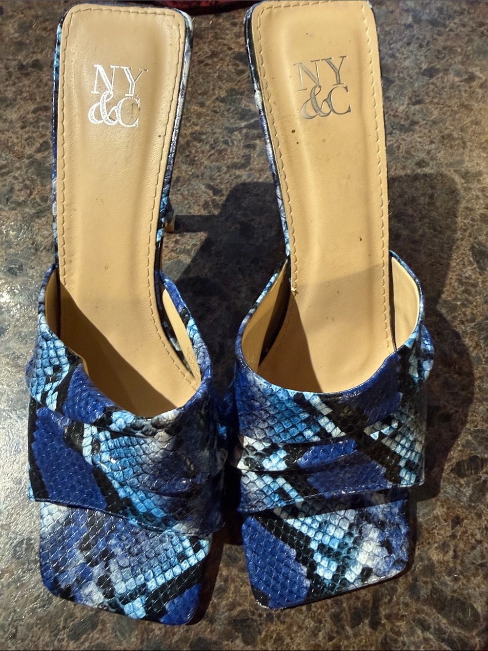 New York & Company Blue Snake-Print Slide Mules